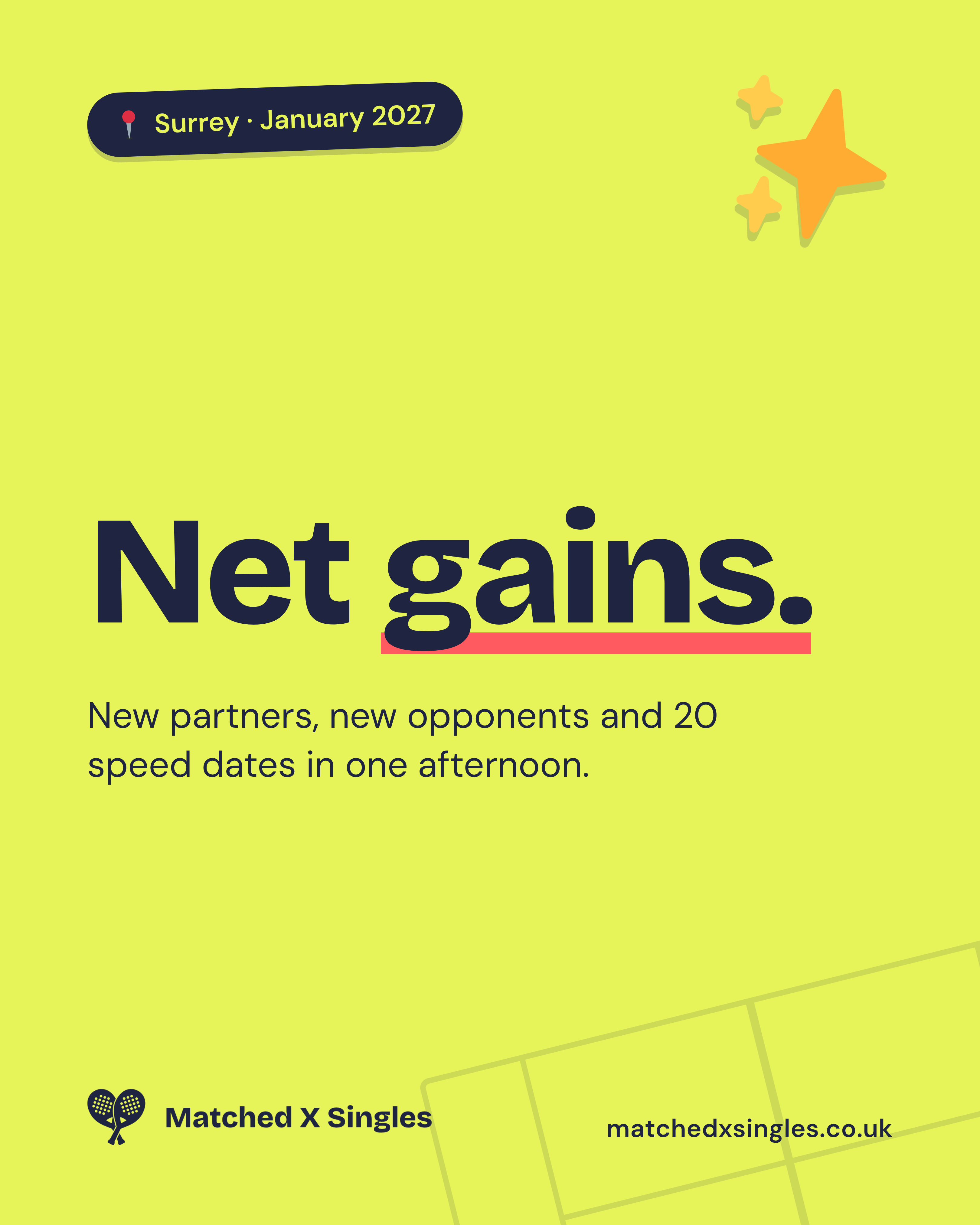 Yellow Matched X Singles poster: Net gains. New partners, new opponents and 20 speed dates in one afternoon. Surrey, January 2027.