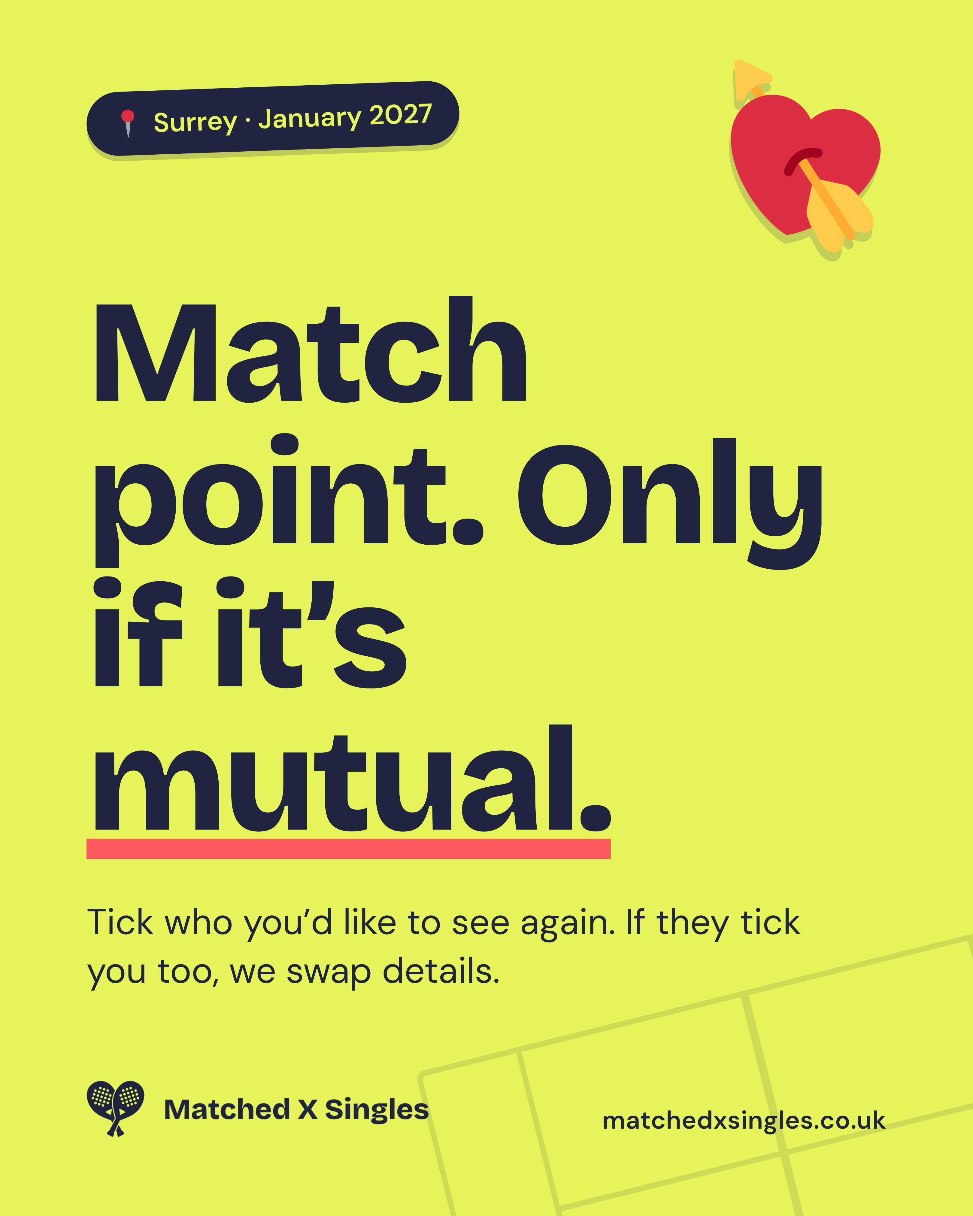 Yellow Matched X Singles poster: Match point. Only if it’s mutual. Tick who you’d like to see again. If they tick you too, it’s a match. Surrey, January 2027.