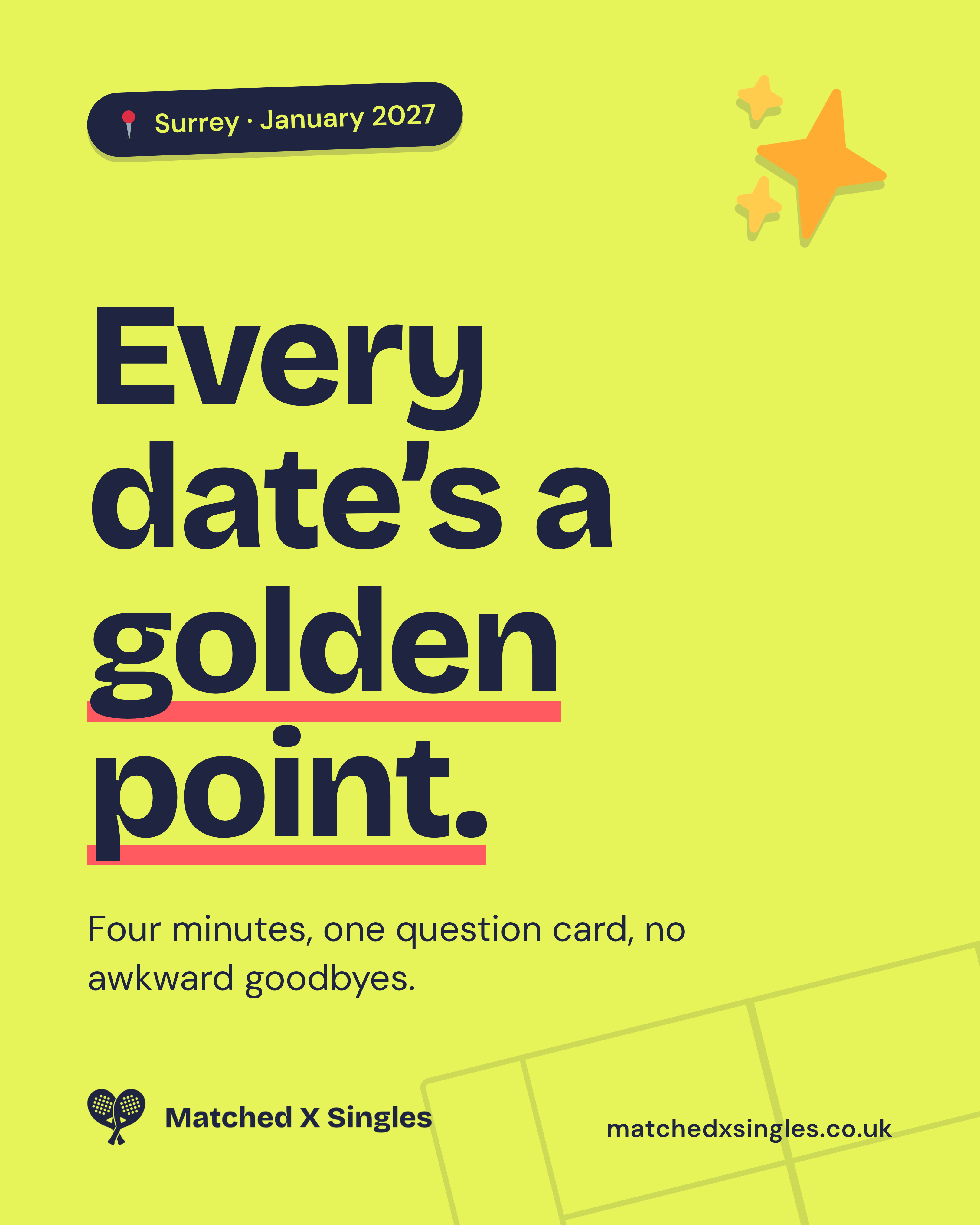Yellow Matched X Singles poster: Every date’s a golden point. Fresh faces, conversation prompts and no awkward goodbyes. Surrey, January 2027.