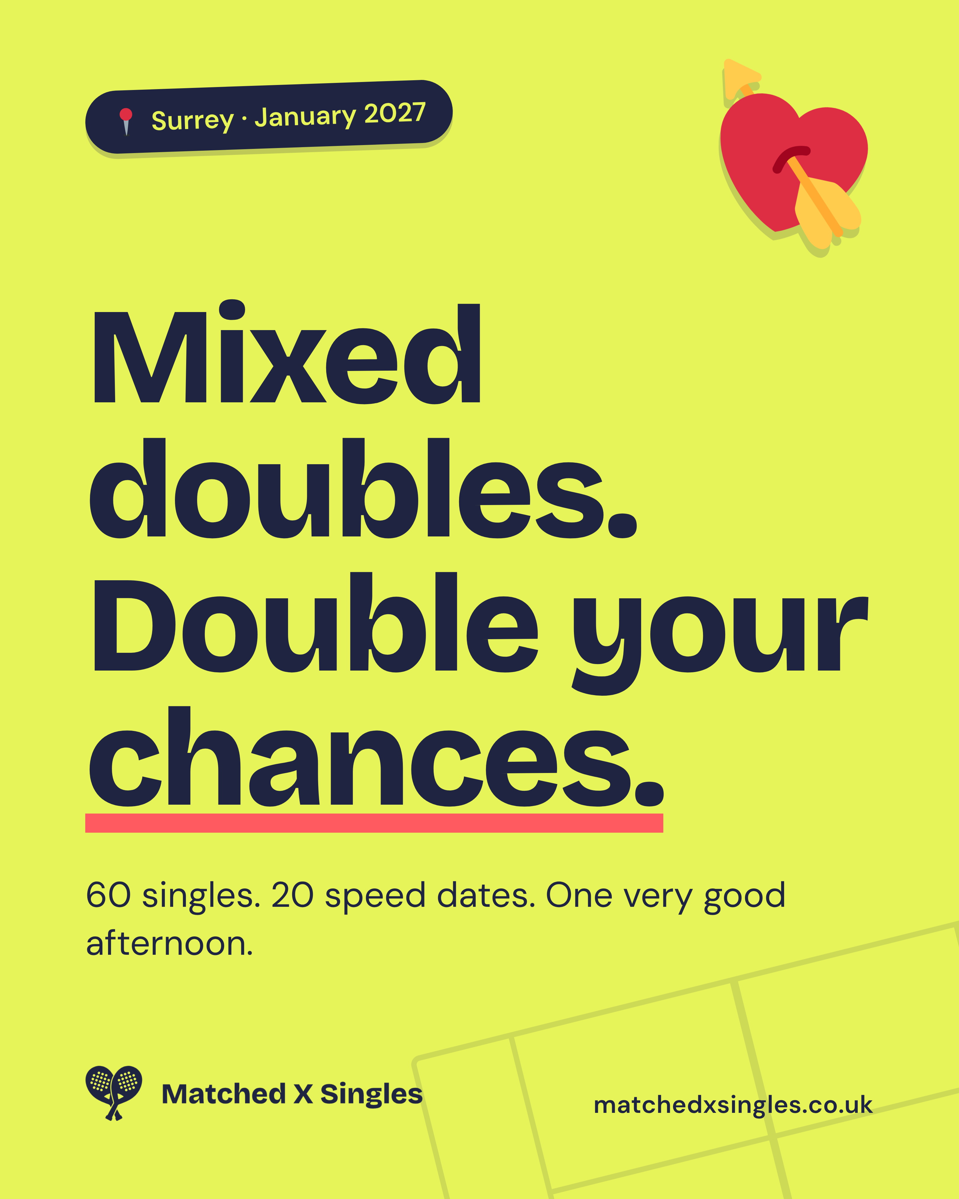 Yellow Matched X Singles poster: Mixed doubles. Double your chances. 60 singles, 20 speed dates. One very good afternoon. Surrey, January 2027.
