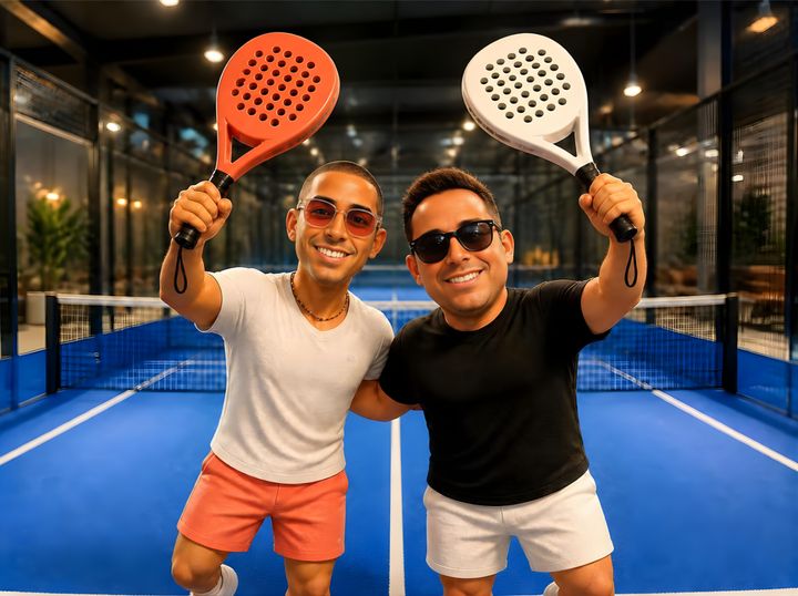 The two Matched X Singles founders on an indoor padel court at Hurlands, arm in arm with rackets raised
